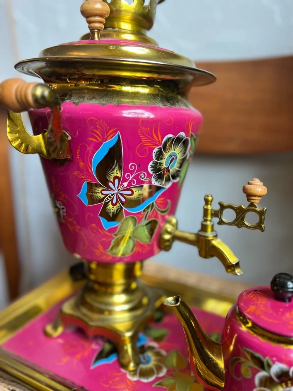 Vintage Soviet Samovar Tea Set 1991 Pink Floral Enamel Brass USSR Kitsch Decor
